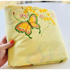 Vintage 70s bedsheet, fitted/bottom sheet, yellow & multicolored butterflies